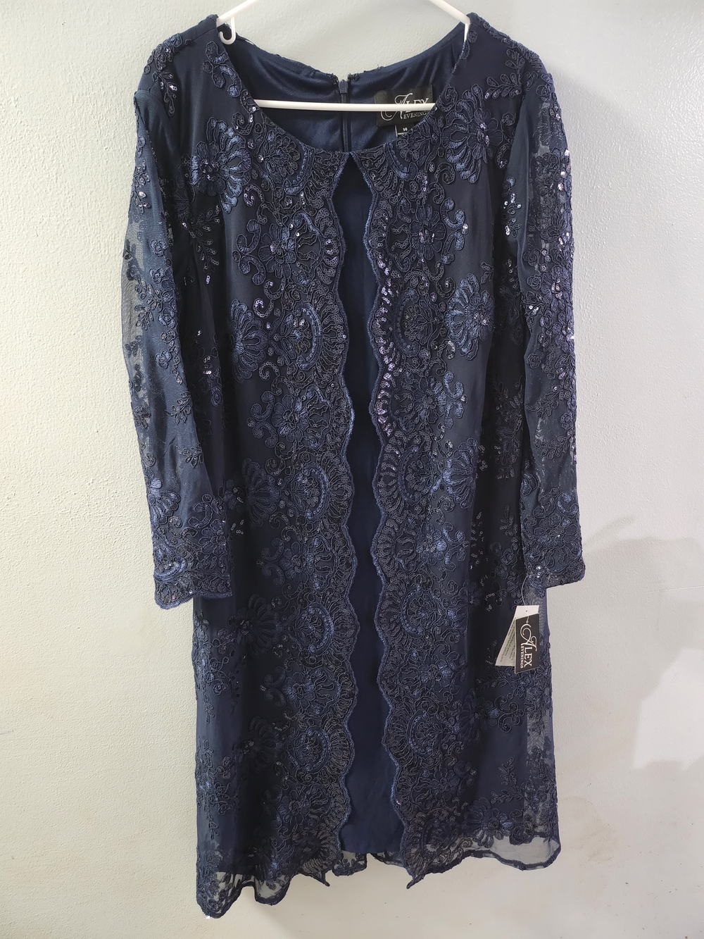 NWT Alex Evenings Navy Sequin Embroidered Lace Cocktail Dress Size 14